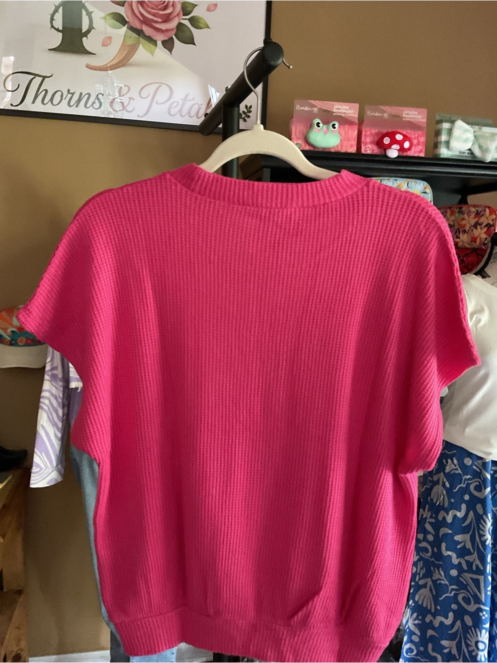 Zenana Waffle Knit Hot Pink Short Sleeve Crewneck Sweater - Picture 2 of 2